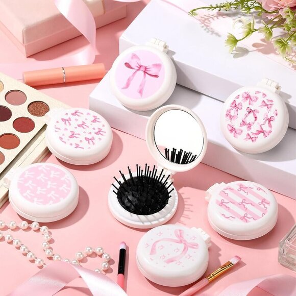 Pink Bow Mini Hair Brush Set Folding Mirror Detangler Travel Purse main image 4